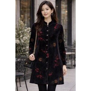 Chicos Size 1 M Velvet Tunic Top Black Floral Asian Print Button Long Silk Blend